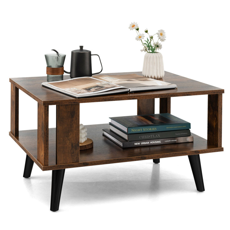 Compact Retro Mid-Century Coffee Table with Storage Open Shelf-Rustic BrownCostway Gallery View 7 of 10